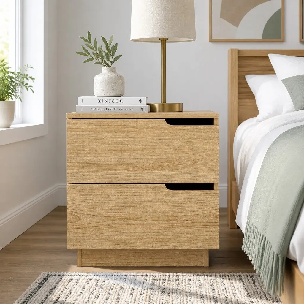 Bedside Table Pine Wood Effect 48cm x 40cm x 48.5cm 2 Drawers Storage Cabinet