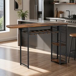 Industrial Bar Table Extendable 140cm Wine Rack Cup Holder Dining Furniture