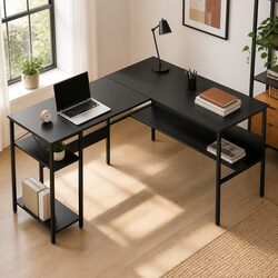 L-Shape Computer Desk Home Office Study Table Open Shelf Storage Black