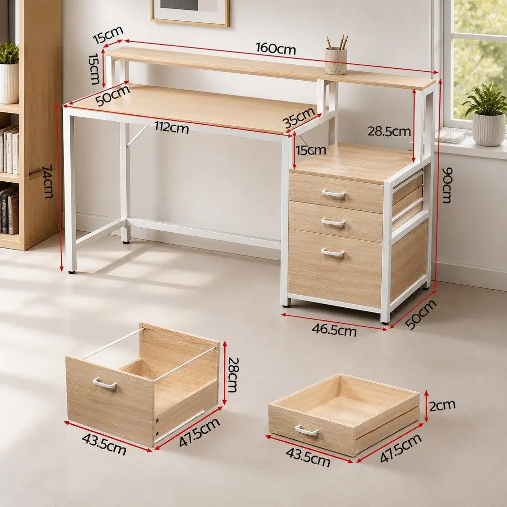 Computer Desk MDF Oak 160cm with Drawers Open Shelf