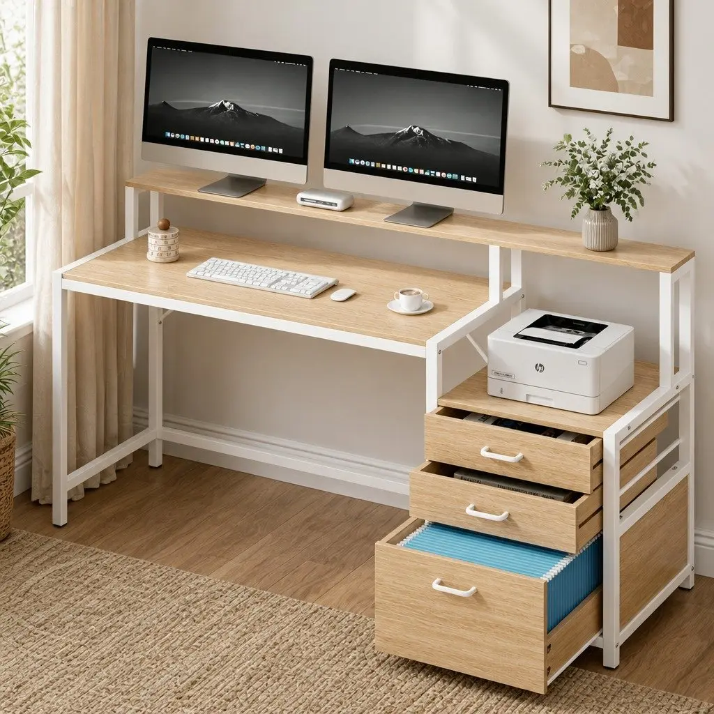 Computer Desk MDF Oak 160cm with Drawers Open Shelf