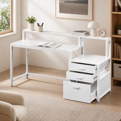 Computer Desk Home Office Study Table w/ Drawers Open Shelf White 160cm