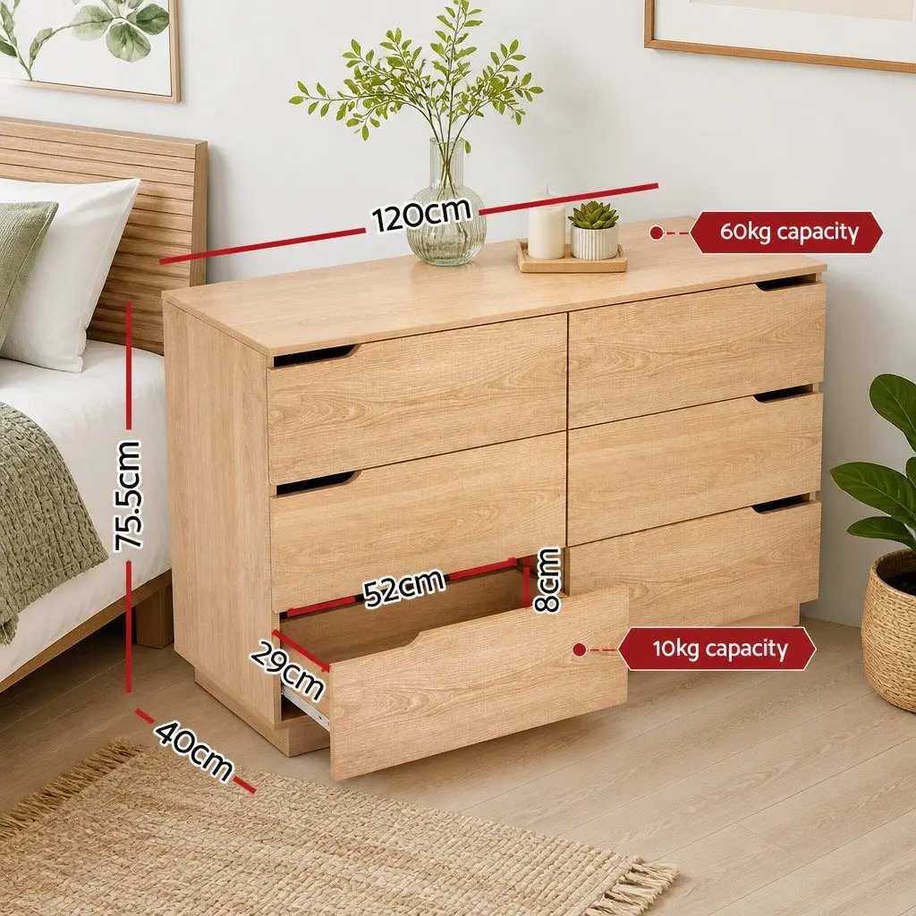Chest of Drawers Pine 6 Drawer Lowboy Bedroom Furniture 120x40x75.5cm with Smooth Gliding Drawers and Air Gap Handles