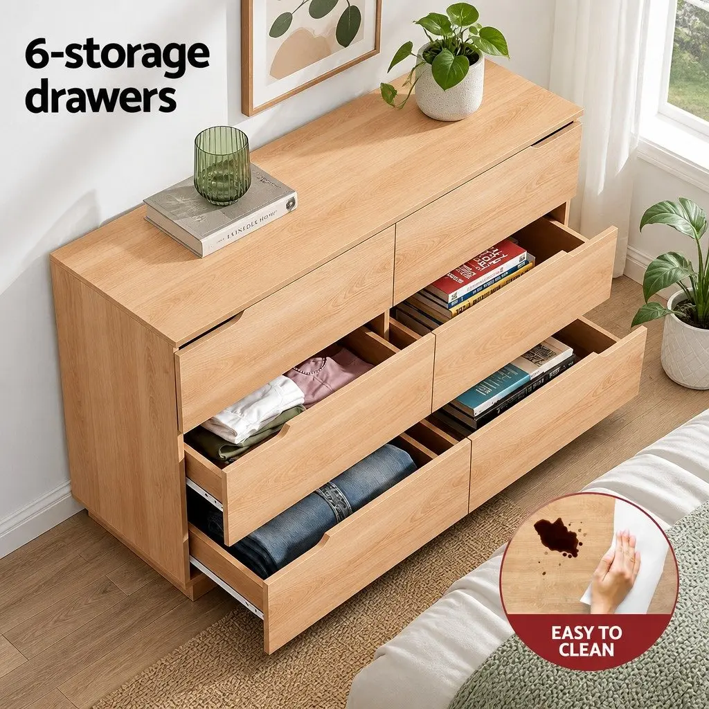 Chest of Drawers Pine 6 Drawer Lowboy Bedroom Furniture 120x40x75.5cm with Smooth Gliding Drawers and Air Gap Handles