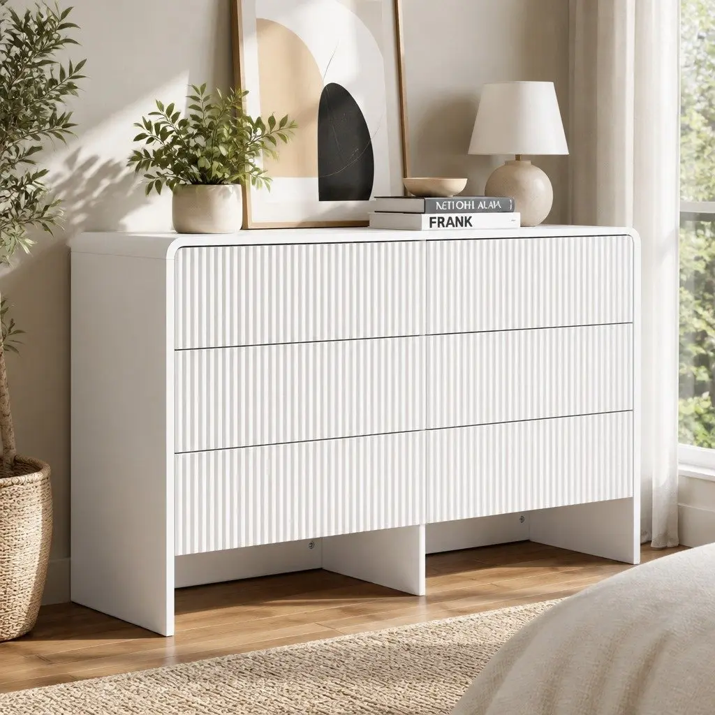 6 Drawer Chest Dresser Cabinet Storage MDF Beige Lowboy Organiser