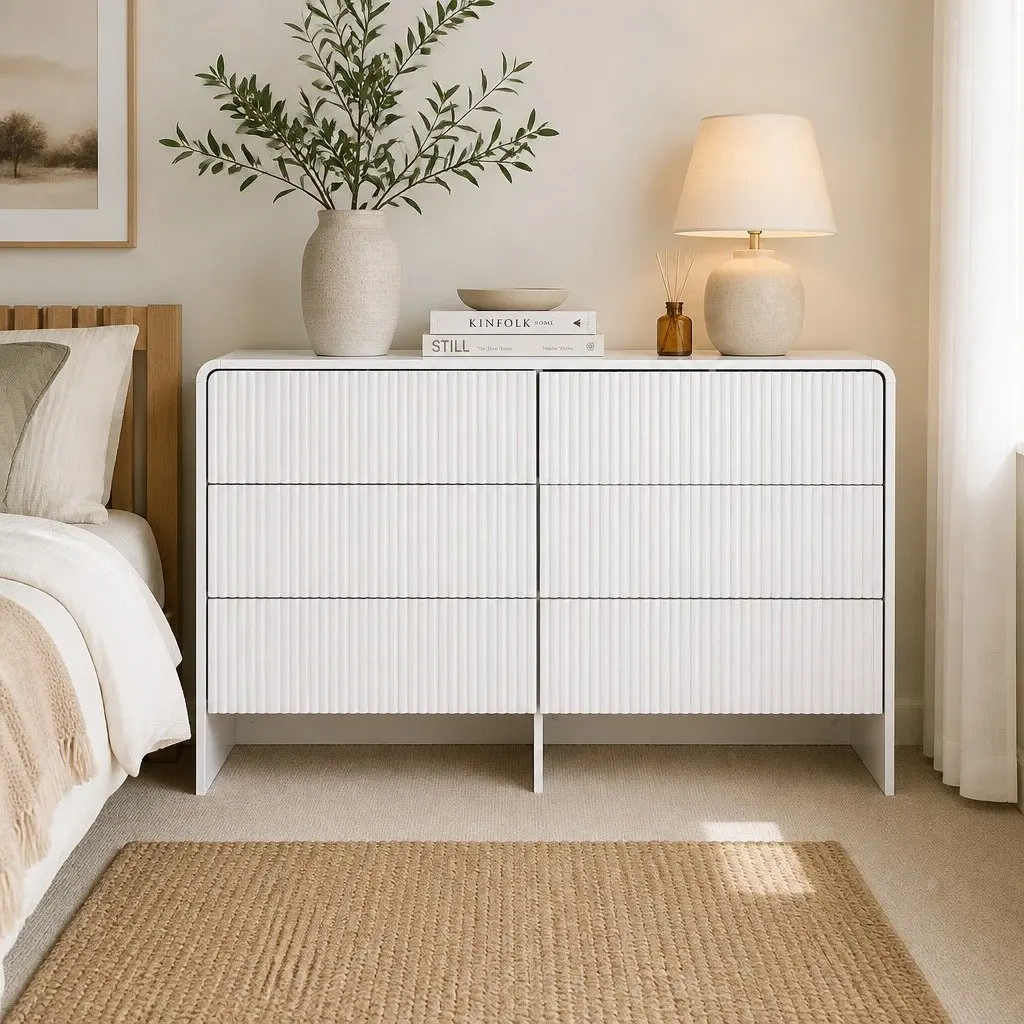 6 Drawer Chest Dresser Cabinet Storage MDF Beige Lowboy Organiser