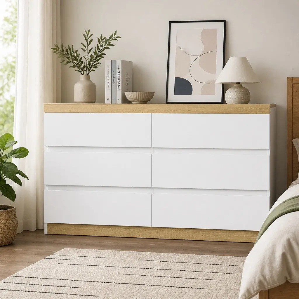 Chest of Drawers Particle Board 6 Drawers White and Oak
