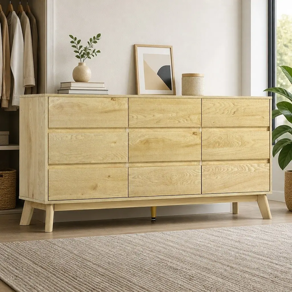 9 Drawer Chest of Drawers Tallboy Cabinet Particle Board Pine