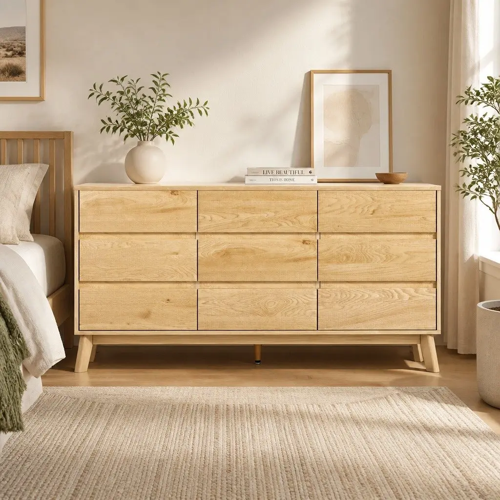 9 Drawer Chest of Drawers Tallboy Cabinet Particle Board Pine