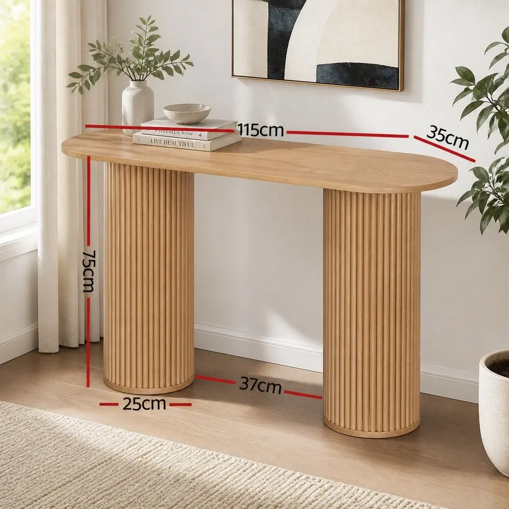 Oval Console Table MDF Top Paulownia Wood Base 115CM Pine Colour