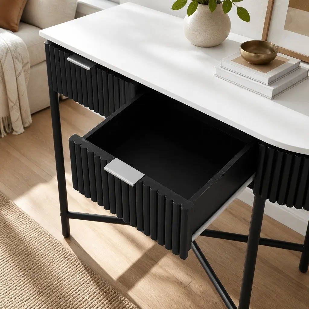 Console Table MDF Board Metal Base 100CM Yellow with 2 Storage Drawers