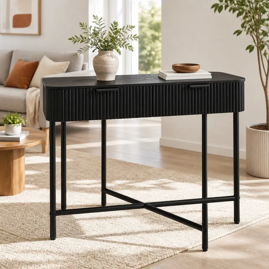 Console Table MDF Board Metal Base 100CM Yellow with 2 Storage Drawers