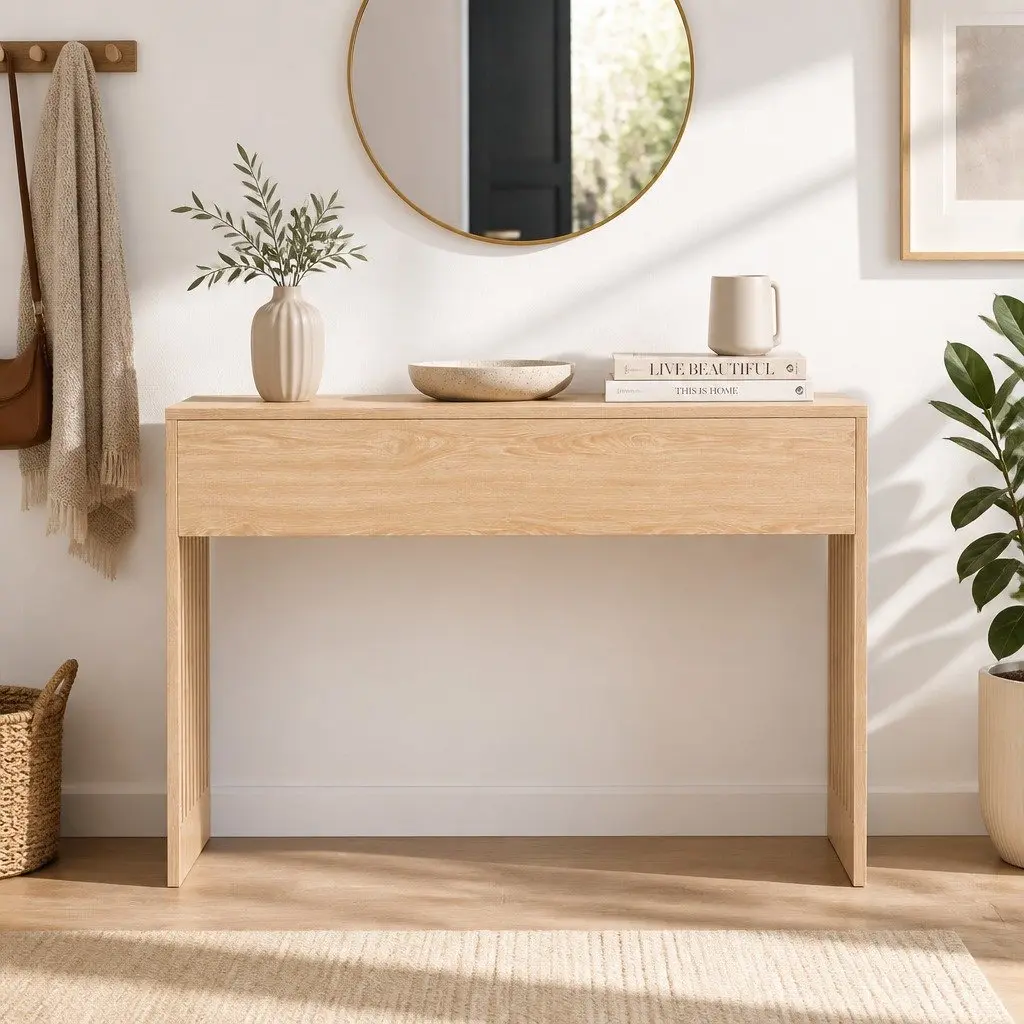 Console Table Fluted 120CM Pine Wood Grain Side Table