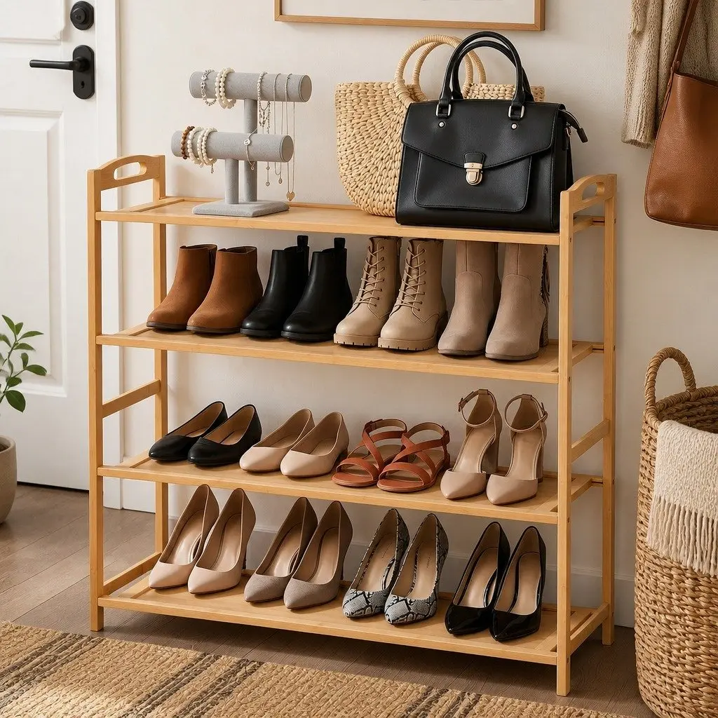 4-Tier Shoe Rack Bamboo Open Storage Organiser 69cm Pine