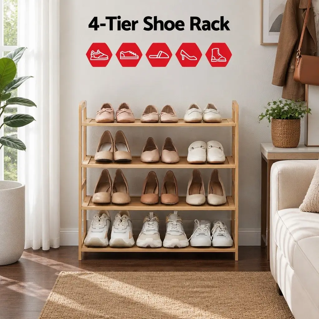 4-Tier Shoe Rack Bamboo Open Storage Organiser 69cm Pine