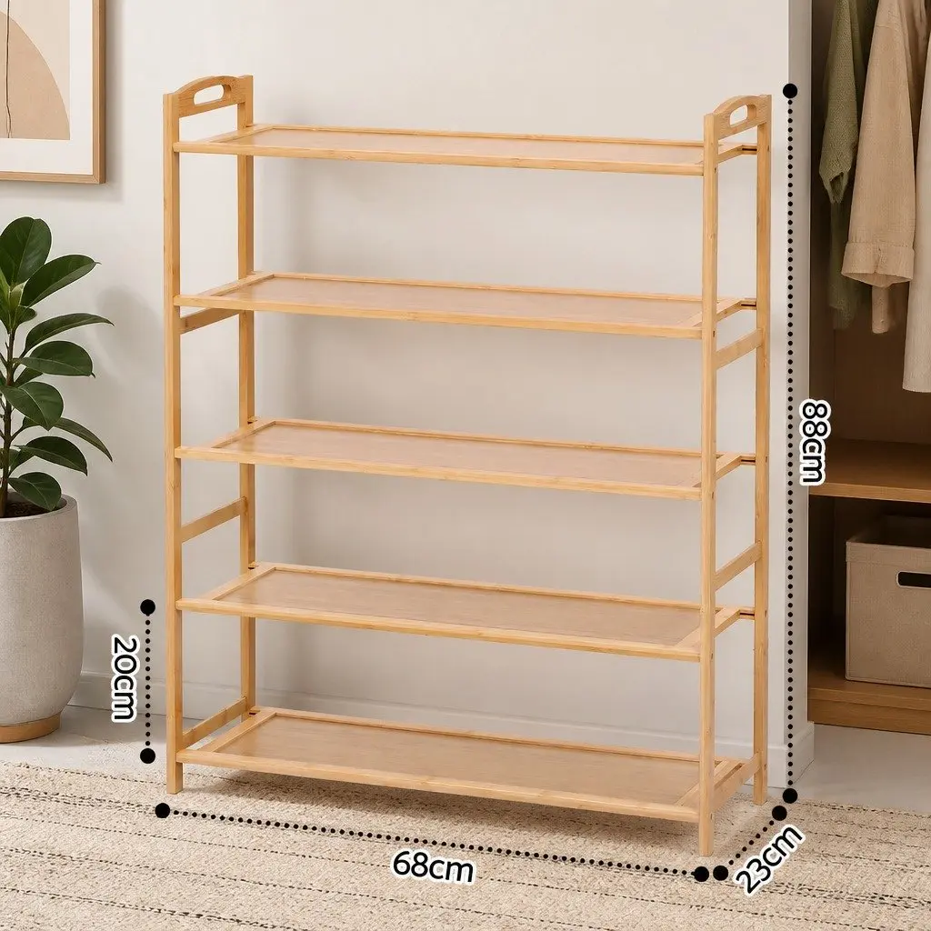 5 Tier Shoe Rack Storage Organiser Bamboo Open Design Hallway Entryway Closet