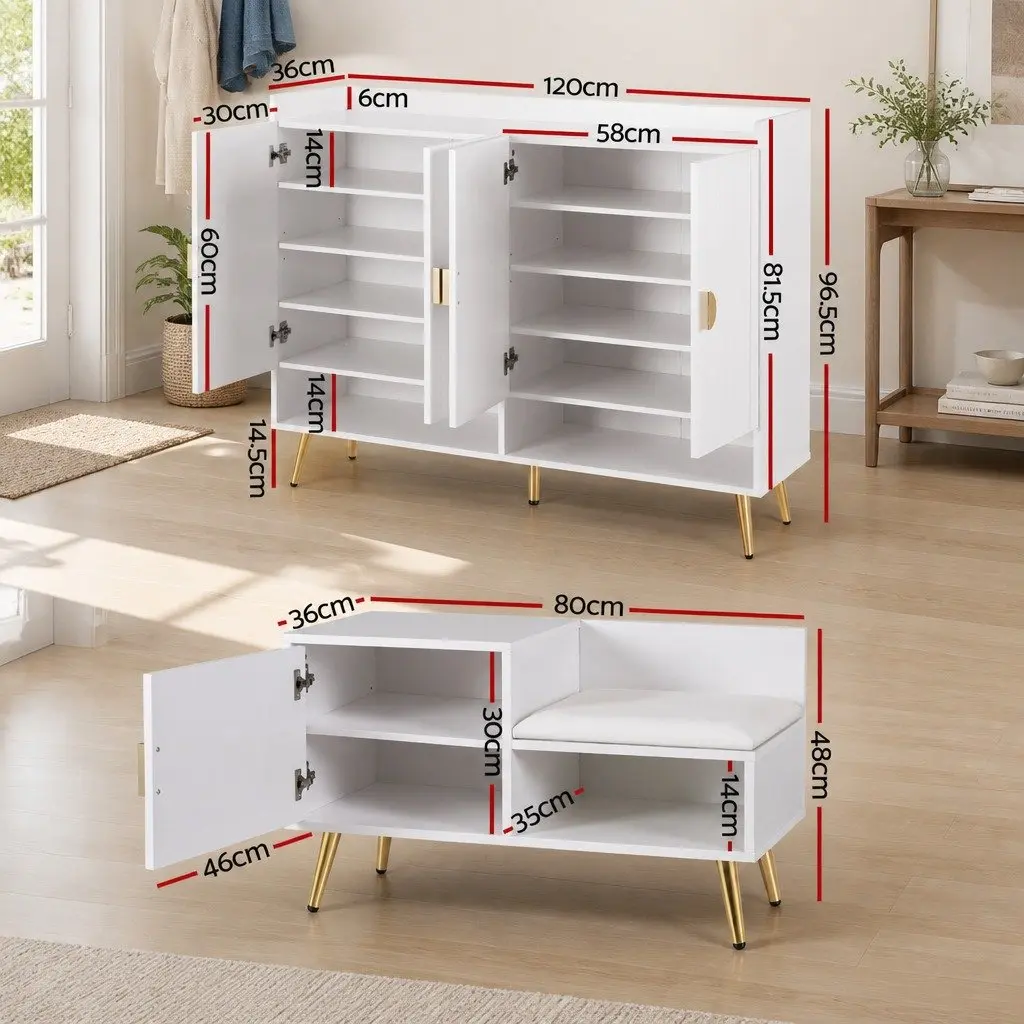 Shoe Cabinet Bench Set Particle Board 10 Tier Adjustable Shelves White