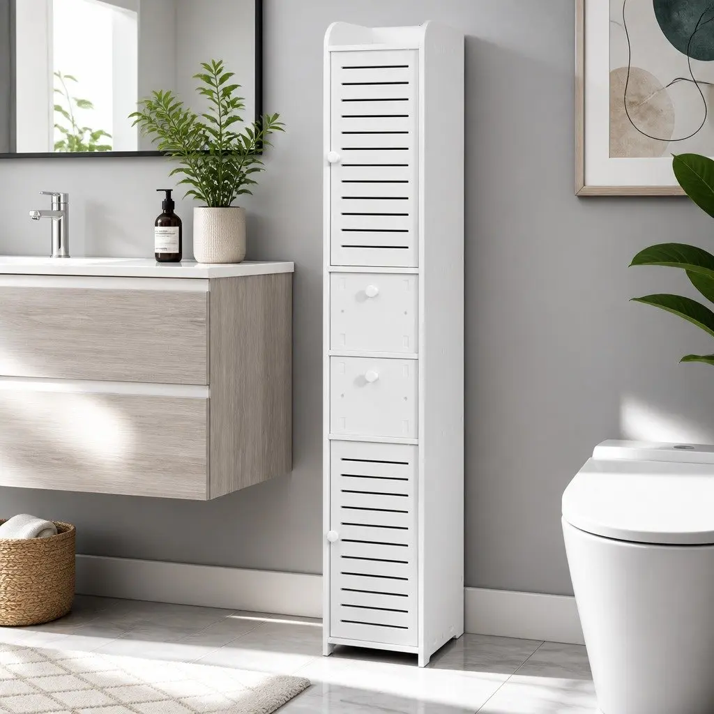 Slim Corner Bathroom Cabinet White Wood Plastic Board with Two Ventilated Cabinets Two Slide Out Drawers and Open Top Shelf 20cmWx25cmDx118cmH