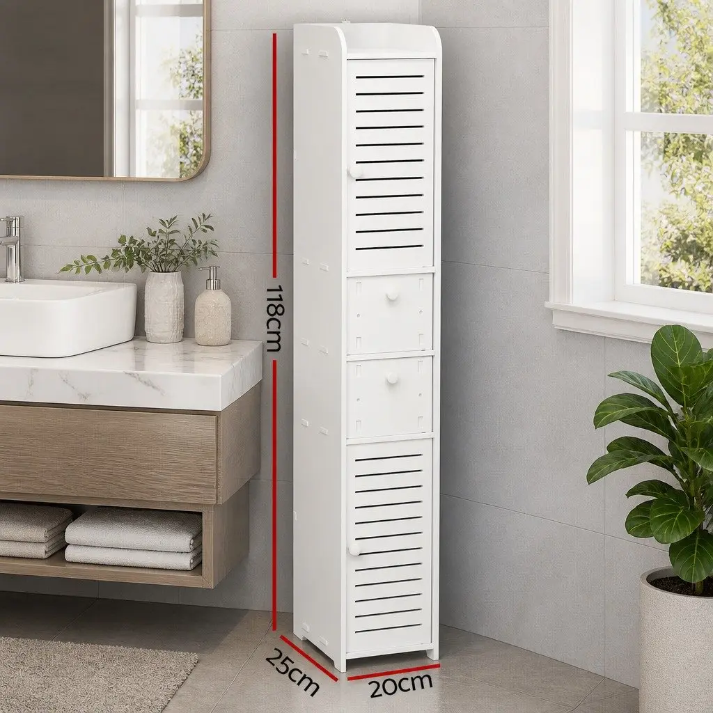 Slim Corner Bathroom Cabinet White Wood Plastic Board with Two Ventilated Cabinets Two Slide Out Drawers and Open Top Shelf 20cmWx25cmDx118cmH