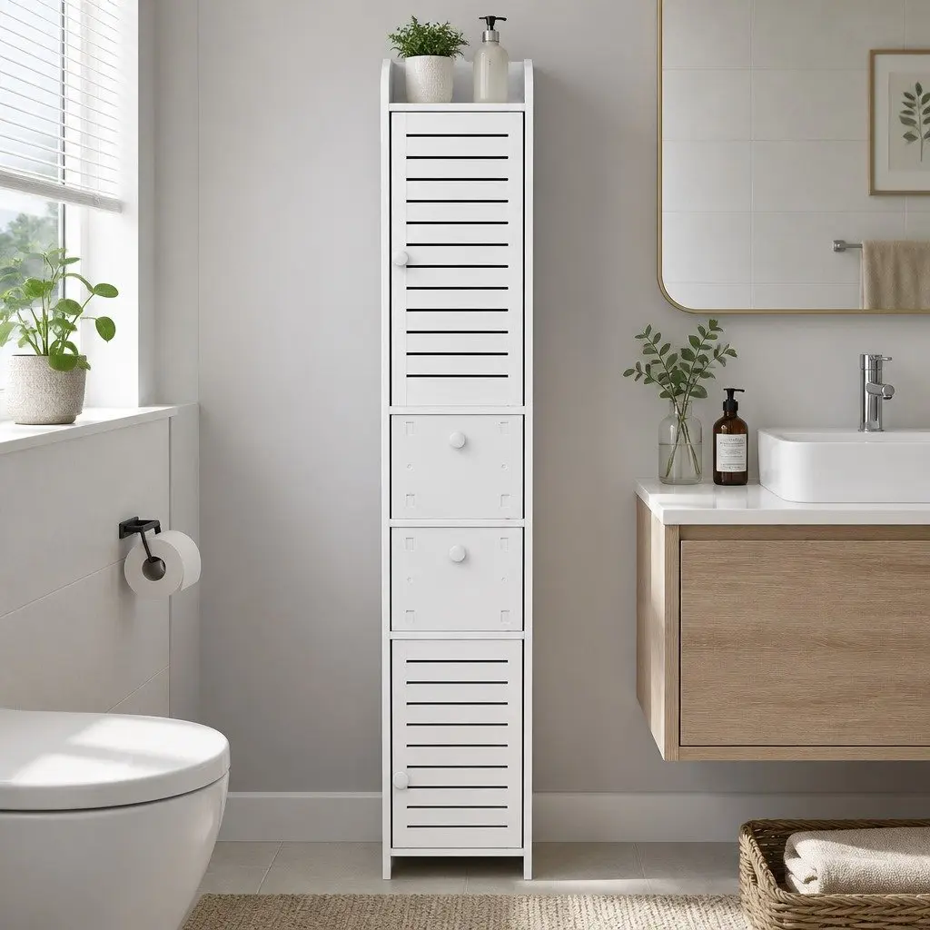 Slim Corner Bathroom Cabinet White Wood Plastic Board with Two Ventilated Cabinets Two Slide Out Drawers and Open Top Shelf 20cmWx25cmDx118cmH