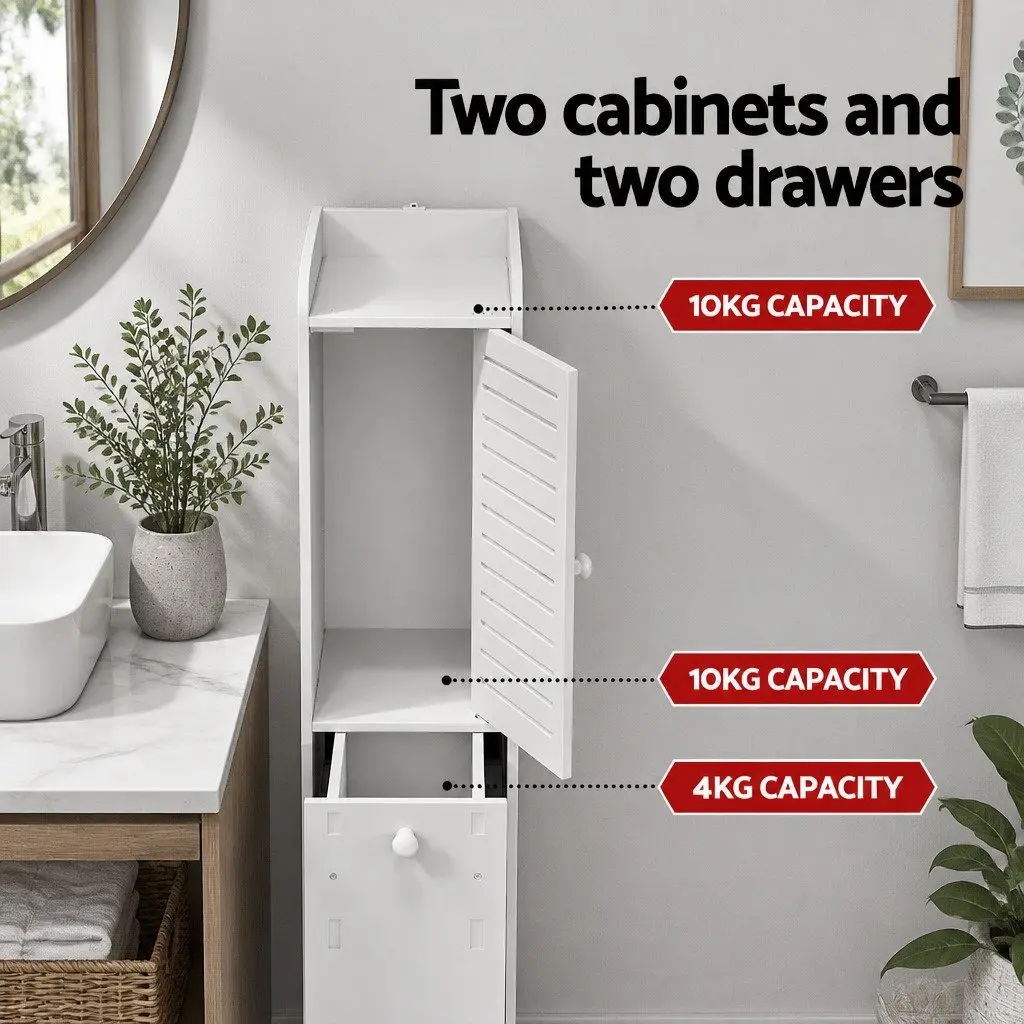 Slim Corner Bathroom Cabinet White Wood Plastic Board with Two Ventilated Cabinets Two Slide Out Drawers and Open Top Shelf 20cmWx25cmDx118cmH