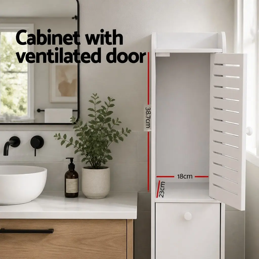 Slim Corner Bathroom Cabinet White Wood Plastic Board with Two Ventilated Cabinets Two Slide Out Drawers and Open Top Shelf 20cmWx25cmDx118cmH