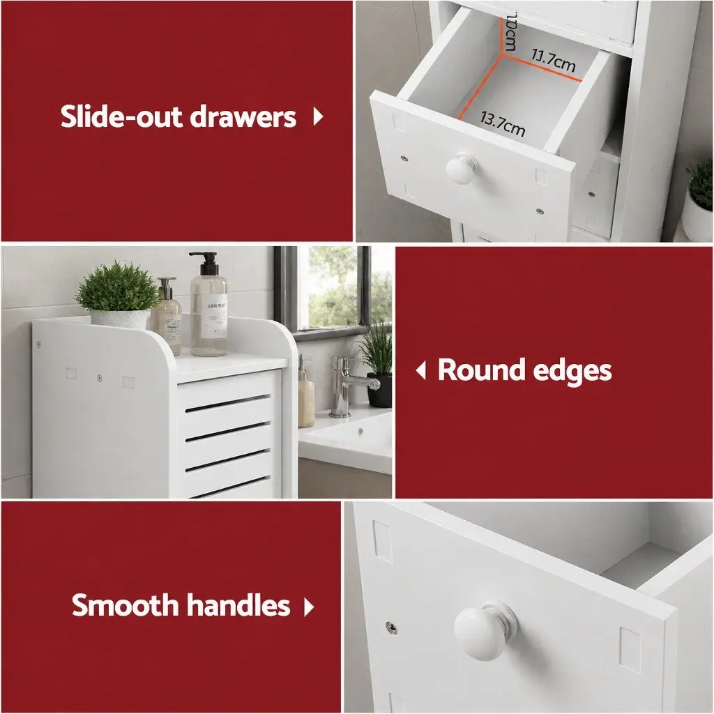 Slim Corner Bathroom Cabinet White Wood Plastic Board with Two Ventilated Cabinets Two Slide Out Drawers and Open Top Shelf 20cmWx25cmDx118cmH