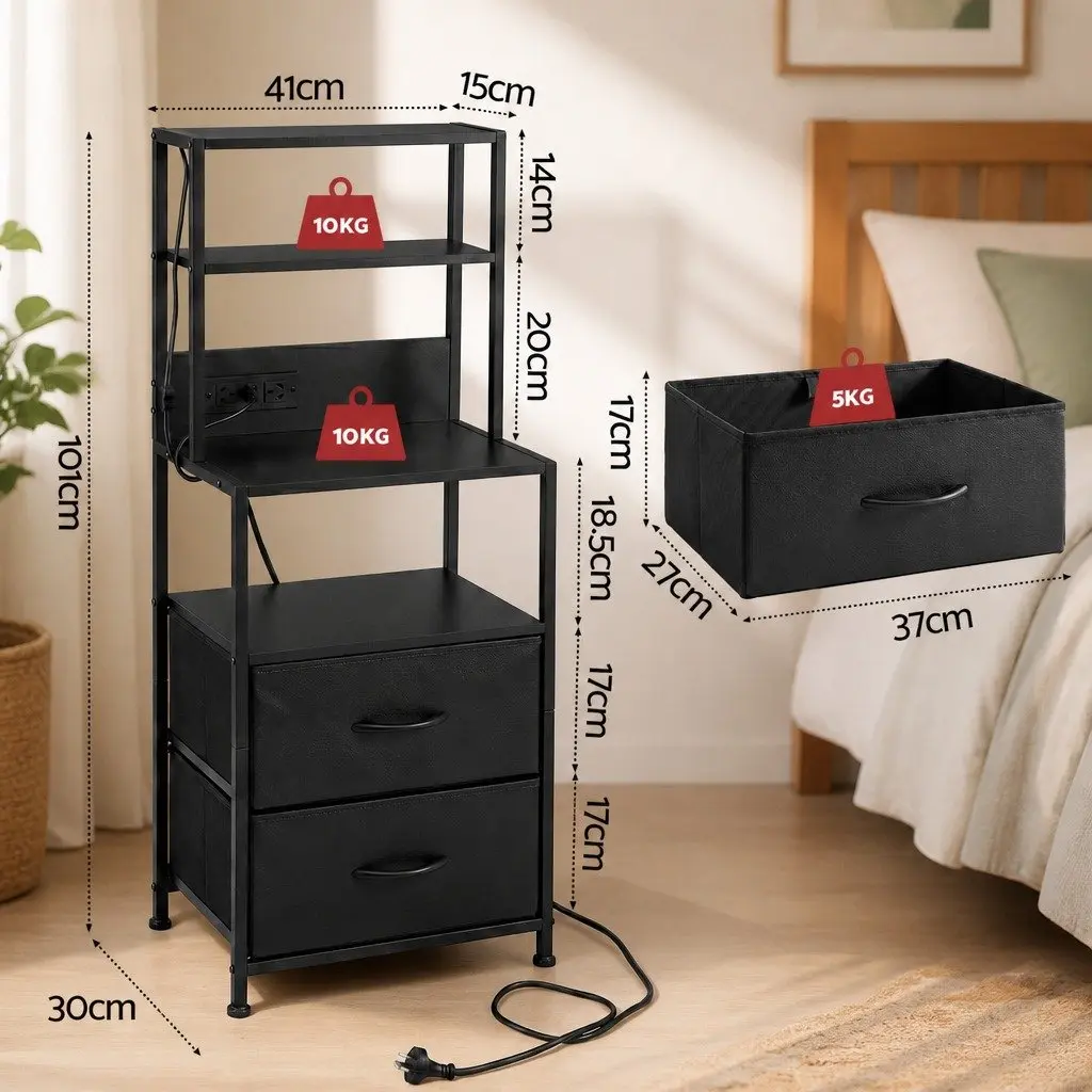 Bedside Table Nightstand MDF with Fabric Drawers Charging Station LED Black