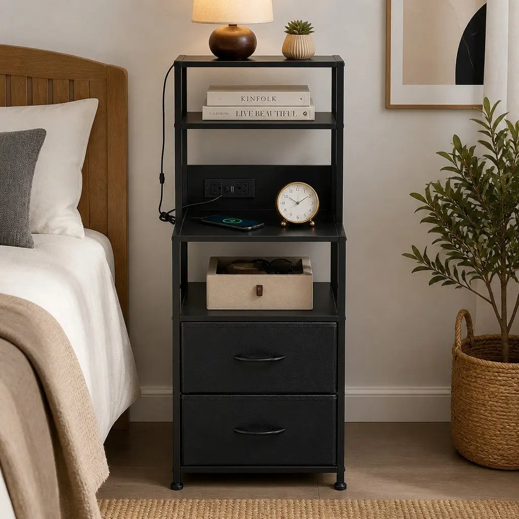 Bedside Table Nightstand MDF with Fabric Drawers Charging Station LED Black