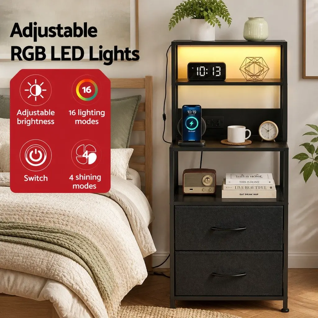 Bedside Table Nightstand MDF with Fabric Drawers Charging Station LED Black