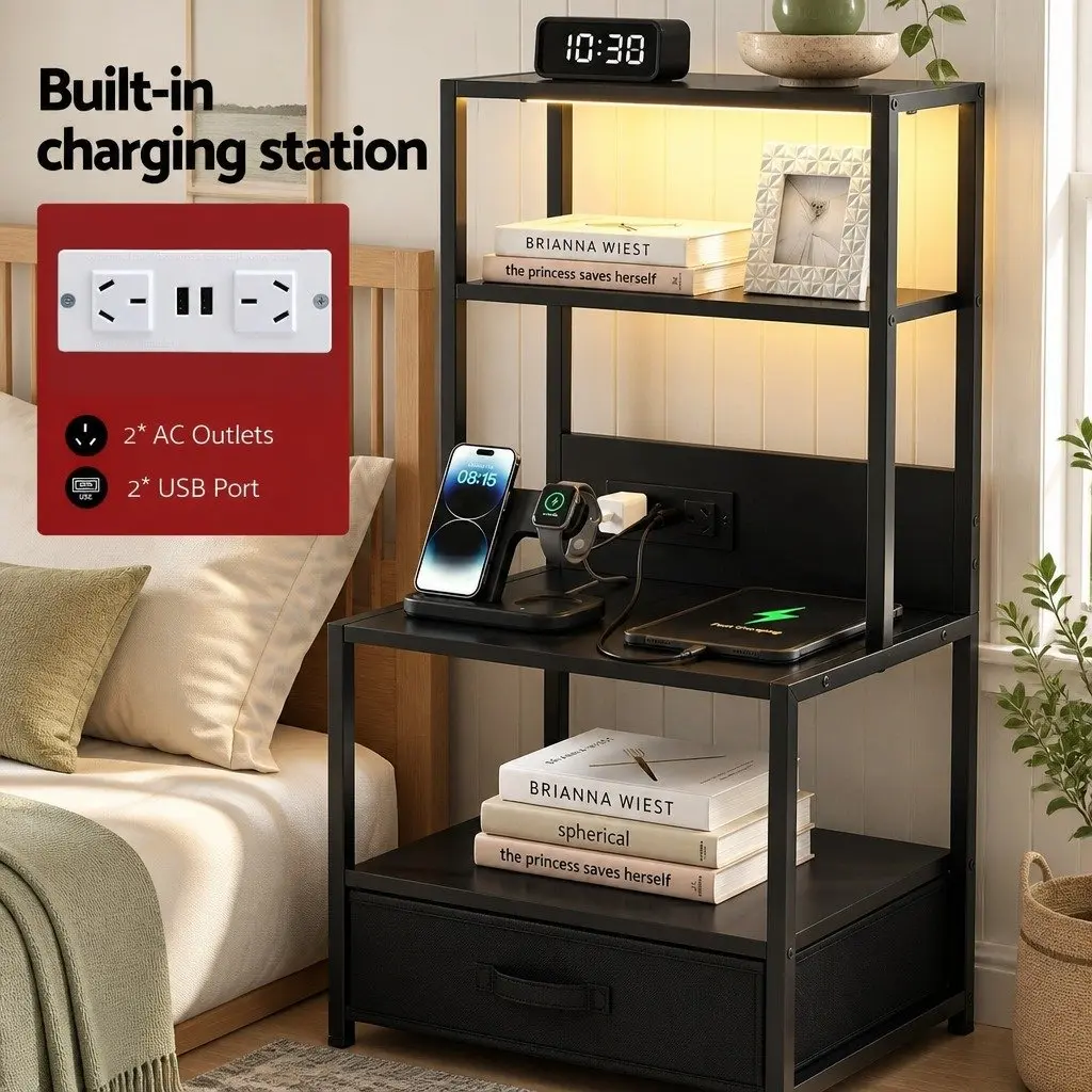 Bedside Table Nightstand MDF with Fabric Drawers Charging Station LED Black