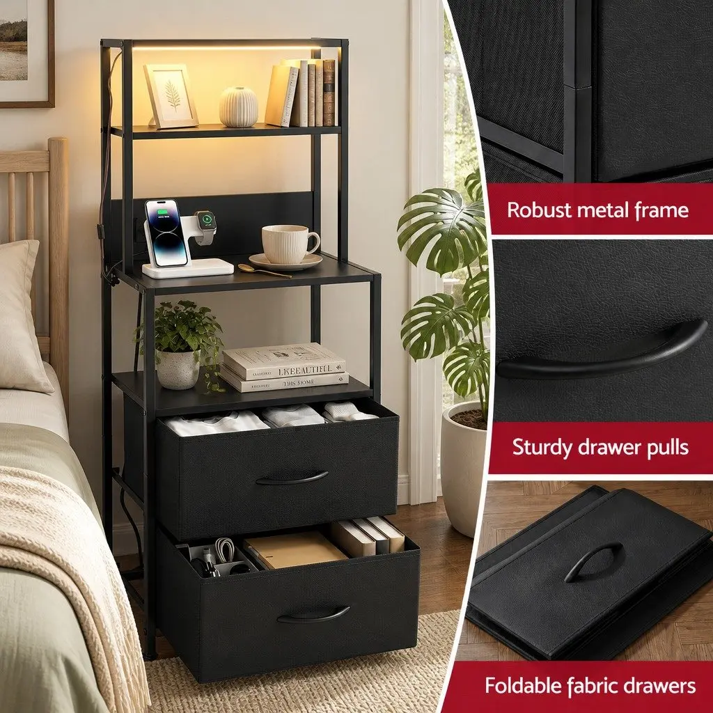 Bedside Table Nightstand MDF with Fabric Drawers Charging Station LED Black