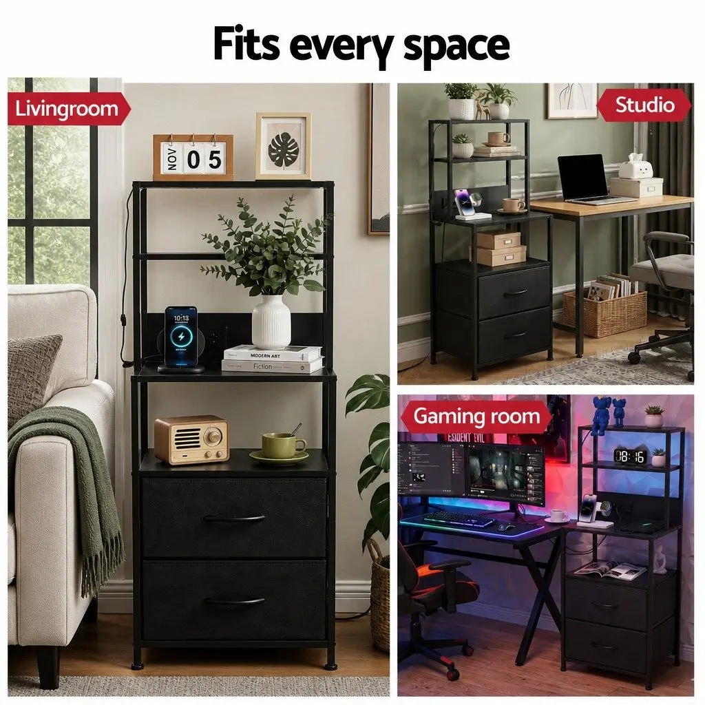Bedside Table Nightstand MDF with Fabric Drawers Charging Station LED Black