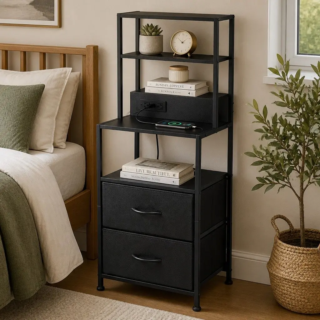 Bedside Table Nightstand MDF with Fabric Drawers Charging Station LED Black