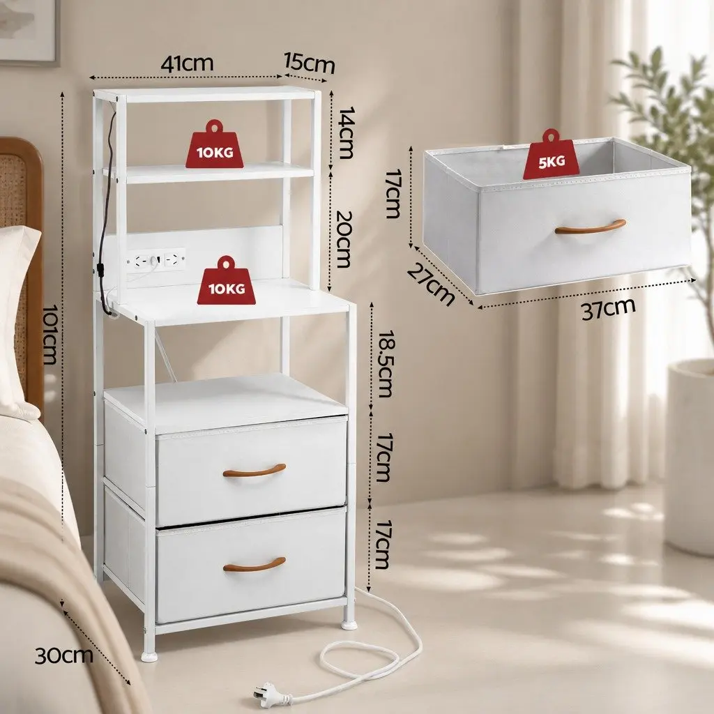 Bedside Table MDF White with Charging Station LED Drawers and Open Shelf