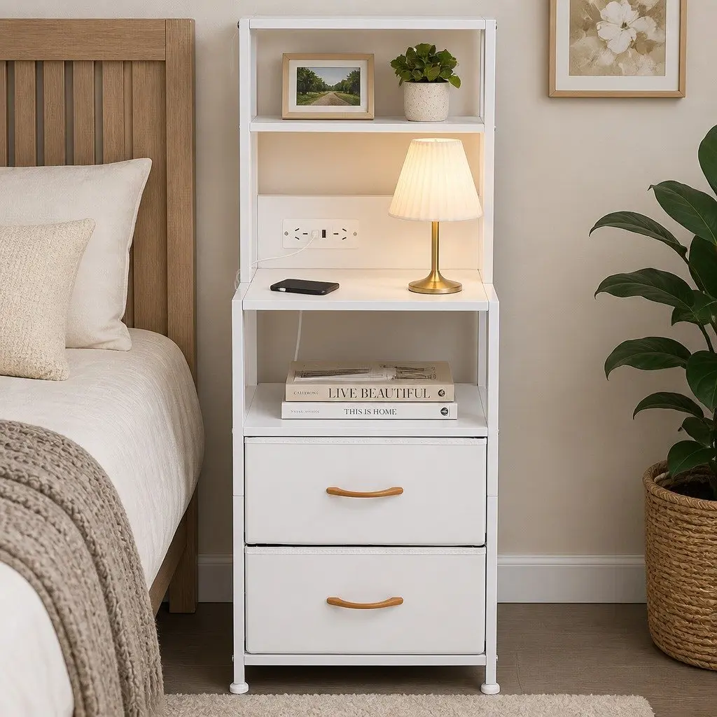Bedside Table MDF White with Charging Station LED Drawers and Open Shelf