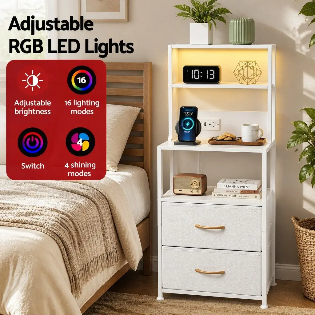Bedside Table MDF White with Charging Station LED Drawers and Open Shelf