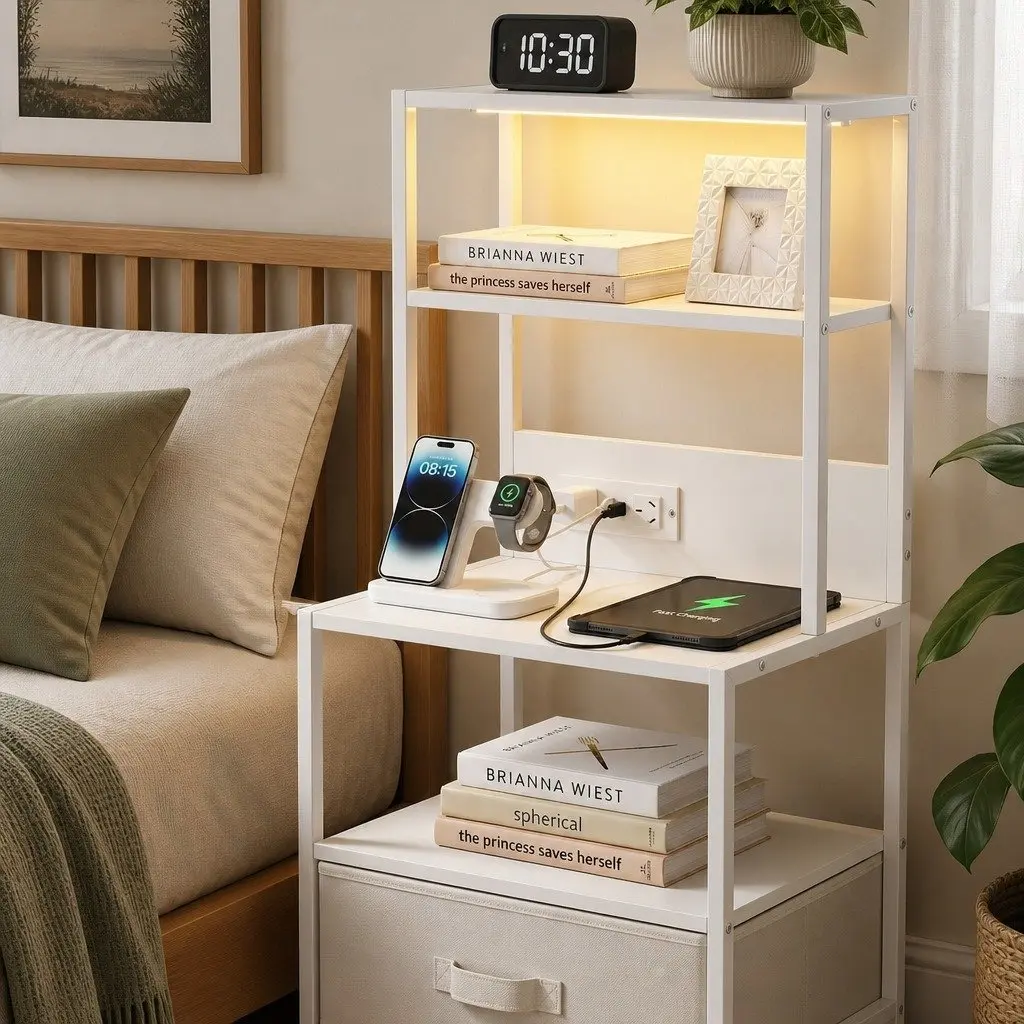 Bedside Table MDF White with Charging Station LED Drawers and Open Shelf