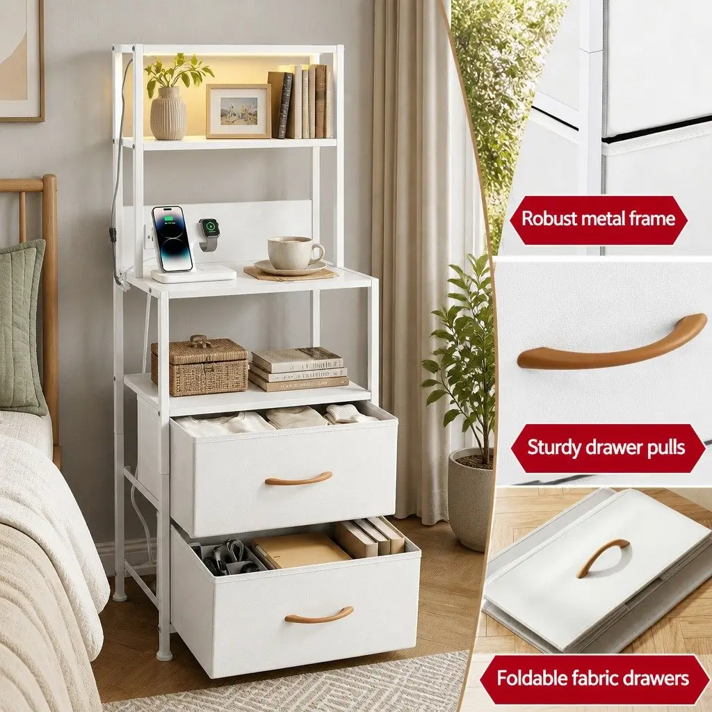Bedside Table MDF White with Charging Station LED Drawers and Open Shelf