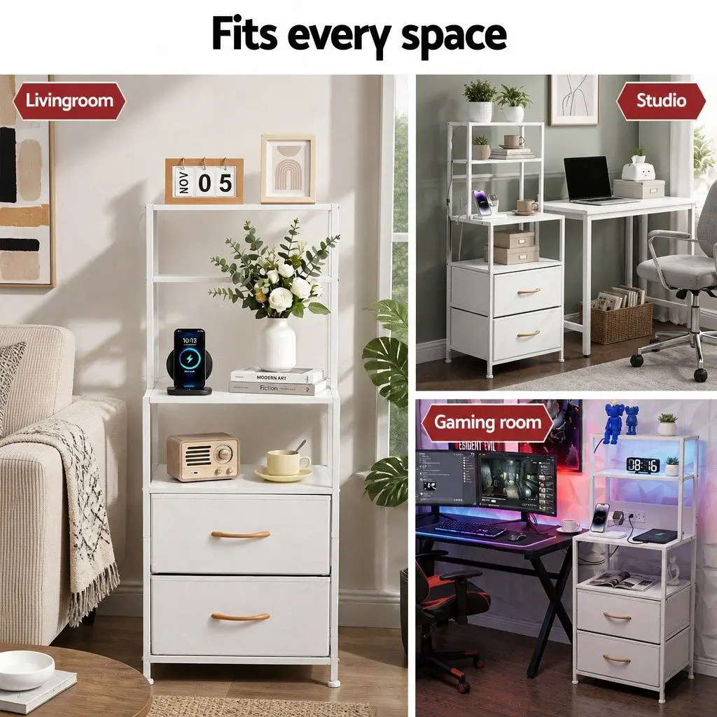 Bedside Table MDF White with Charging Station LED Drawers and Open Shelf