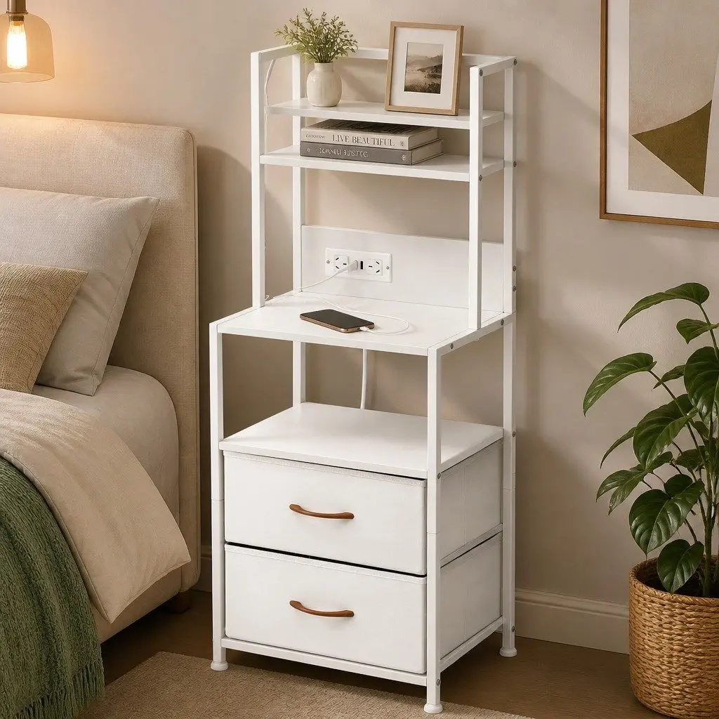 Bedside Table MDF White with Charging Station LED Drawers and Open Shelf
