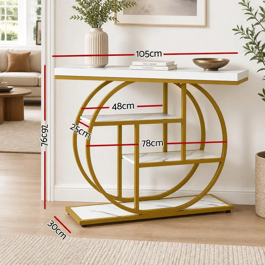Console Table Marble Effect 105cm 4-Tier Open Shelves White Gold
