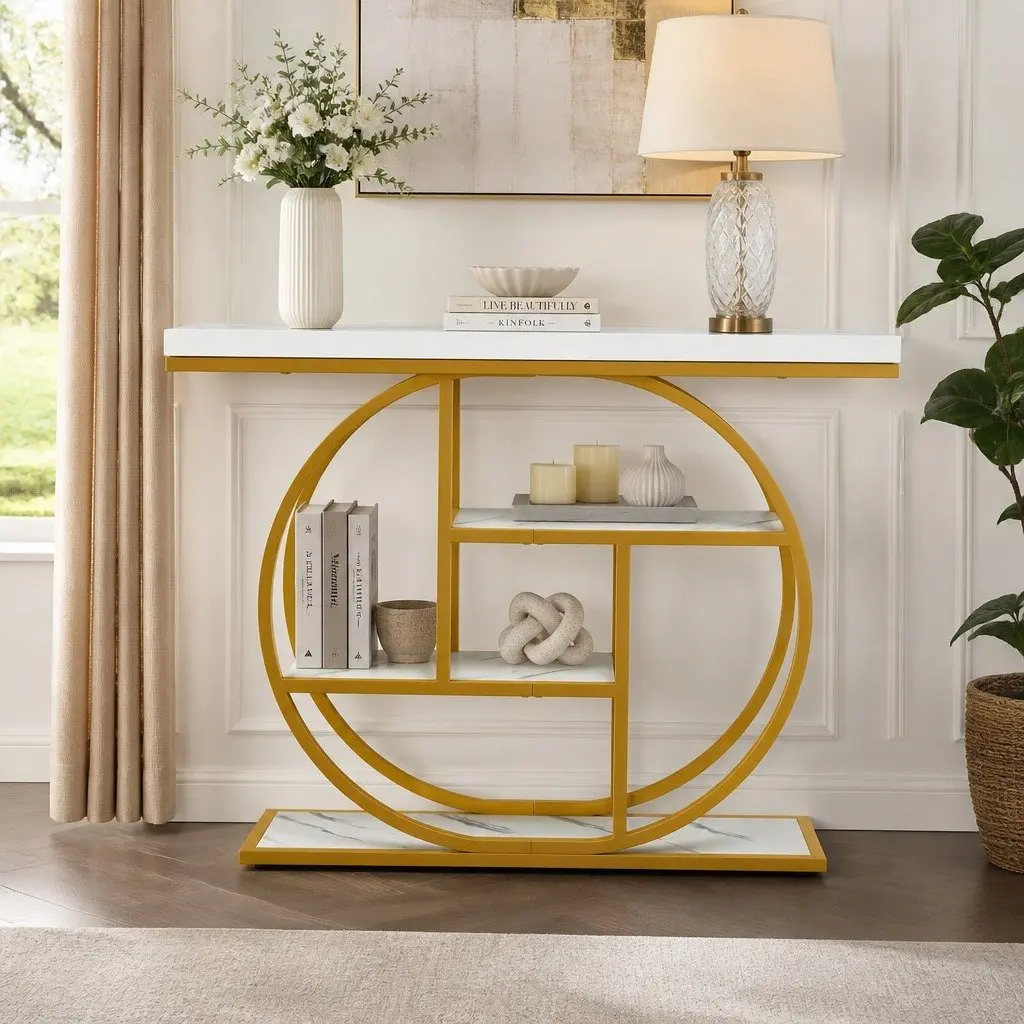 Console Table Marble Effect 105cm 4-Tier Open Shelves White Gold