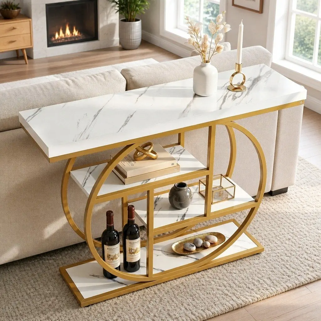 Console Table Marble Effect 105cm 4-Tier Open Shelves White Gold