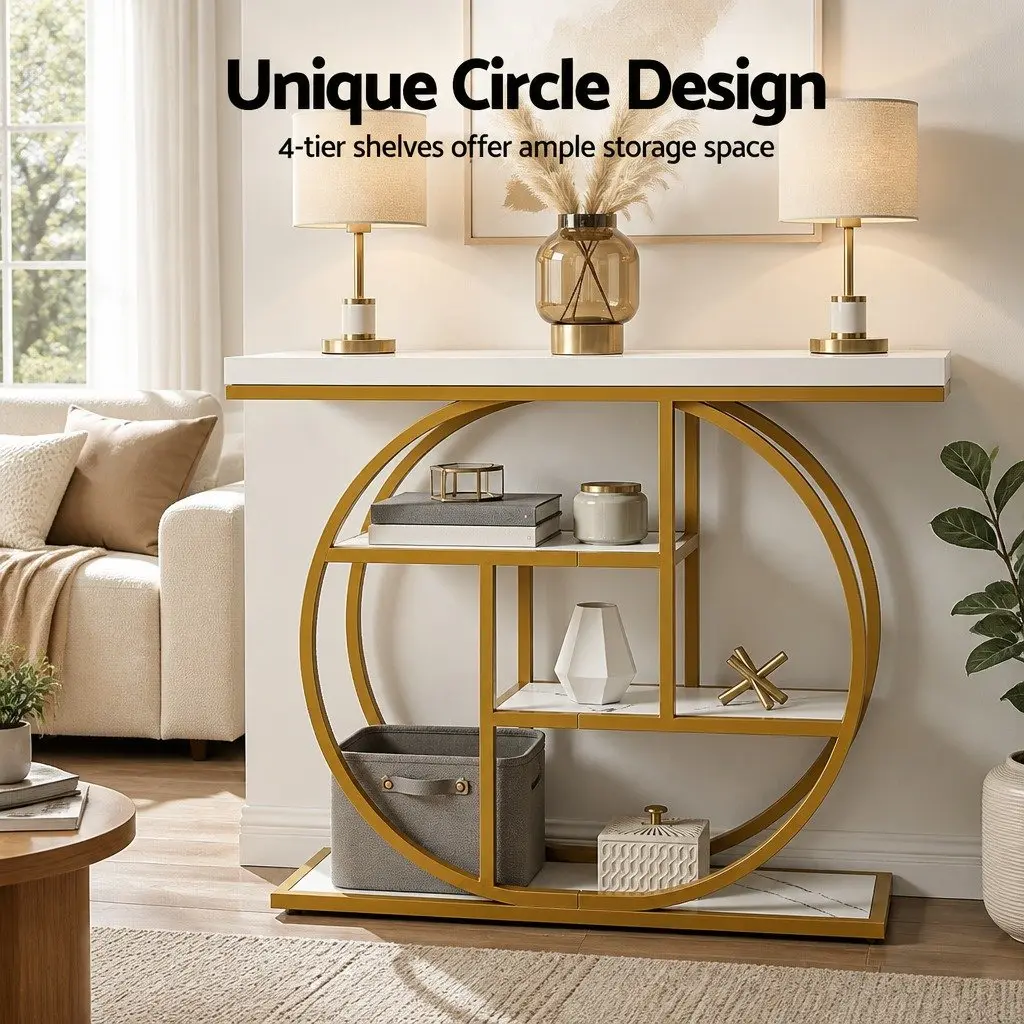 Console Table Marble Effect 105cm 4-Tier Open Shelves White Gold