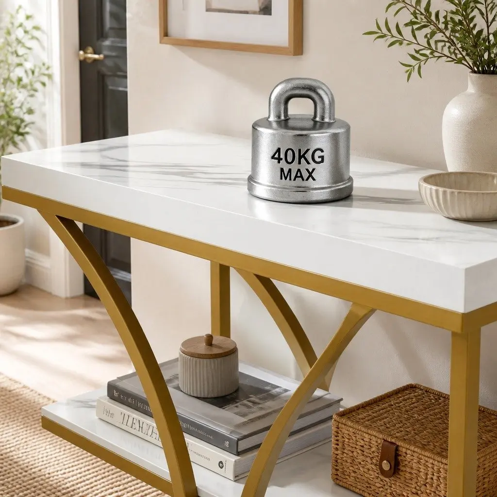 Console Table Marble Effect 105cm 4-Tier Open Shelves White Gold