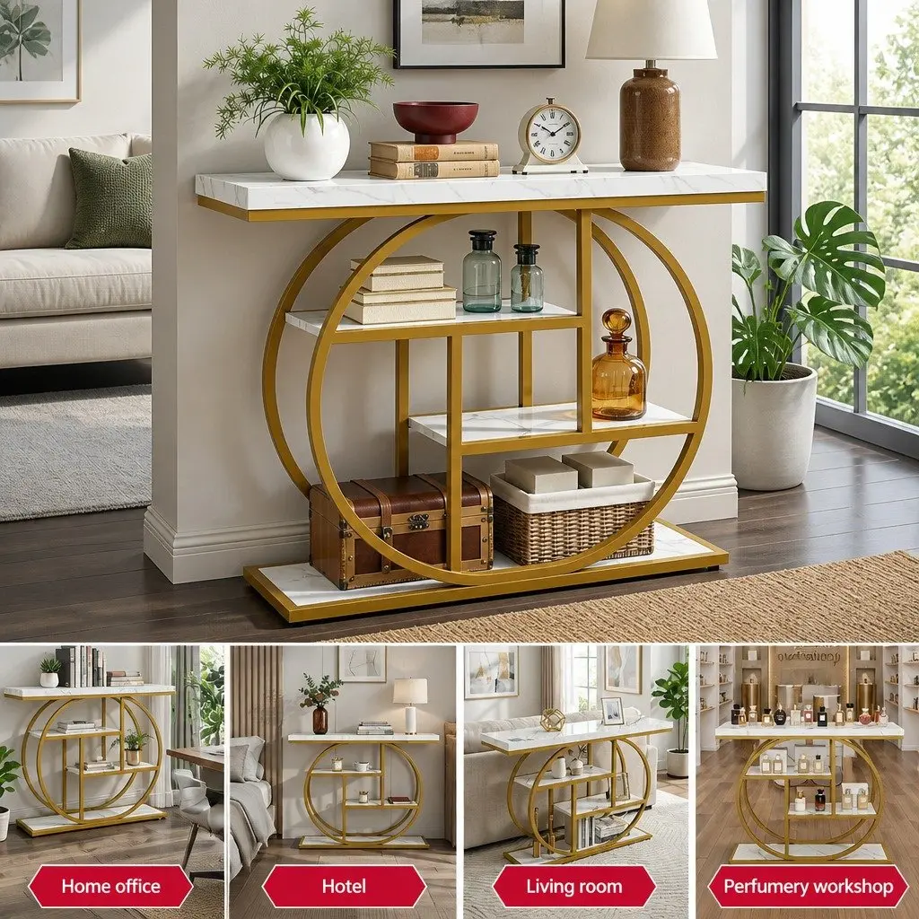 Console Table Marble Effect 105cm 4-Tier Open Shelves White Gold