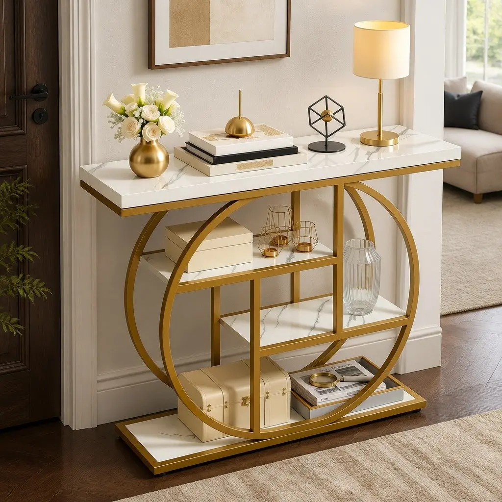 Console Table Marble Effect 105cm 4-Tier Open Shelves White Gold