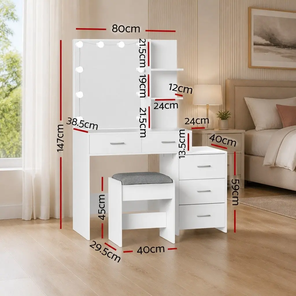 Dressing Table Set LED Makeup Mirror Storage Drawers White Vanity Stool