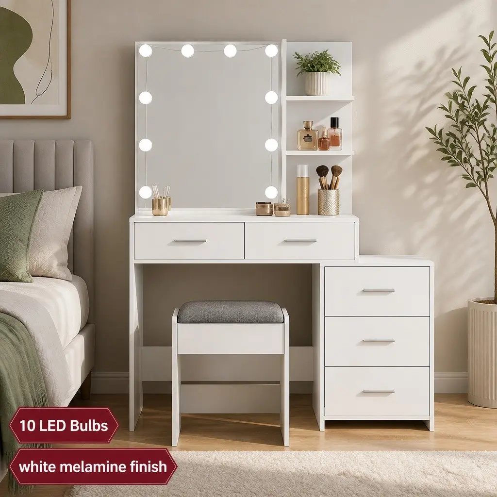 Dressing Table Set LED Makeup Mirror Storage Drawers White Vanity Stool